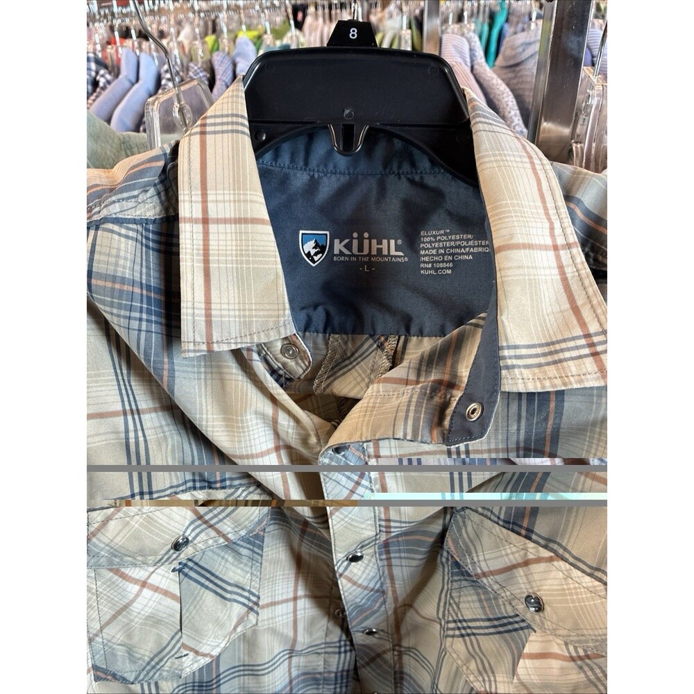 Kuhl Eluxur Shirt Short Sleeve Pearl Snap Button Up Plaid Outdoor Hiking Mens L